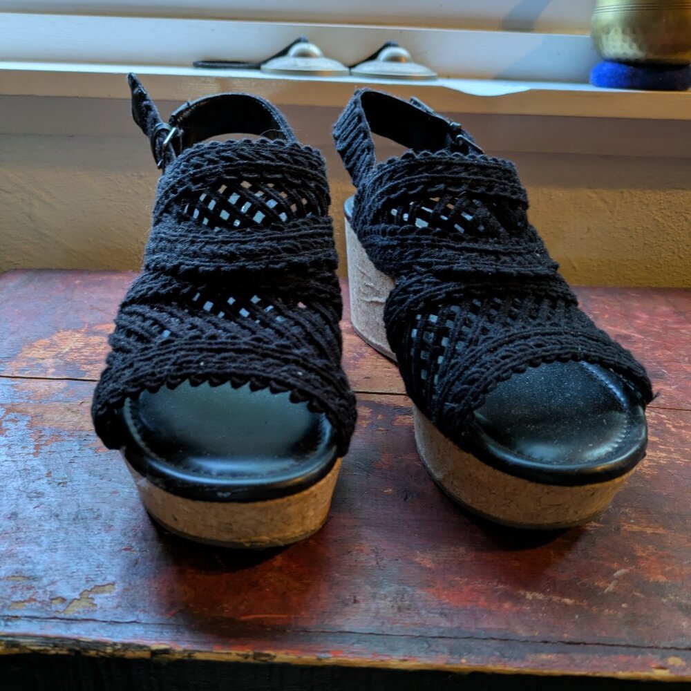 Black crochet cork wedge sandals